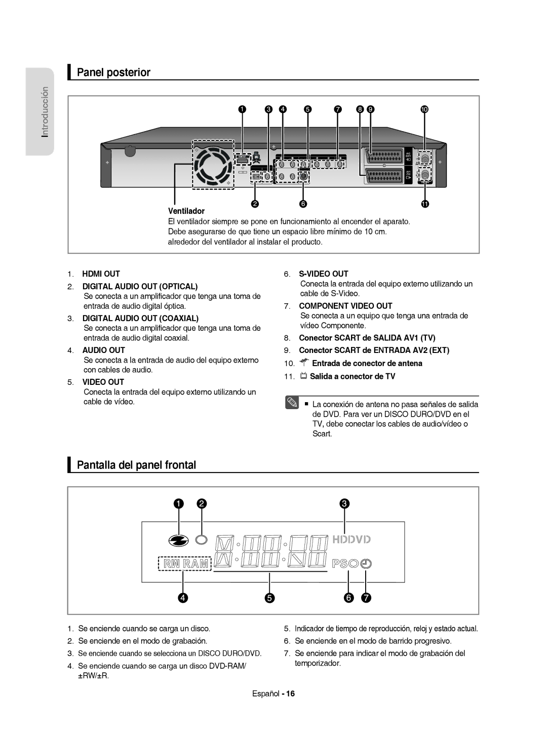 Samsung DVD-HR757/XEC manual Panel posterior, Pantalla del panel frontal 