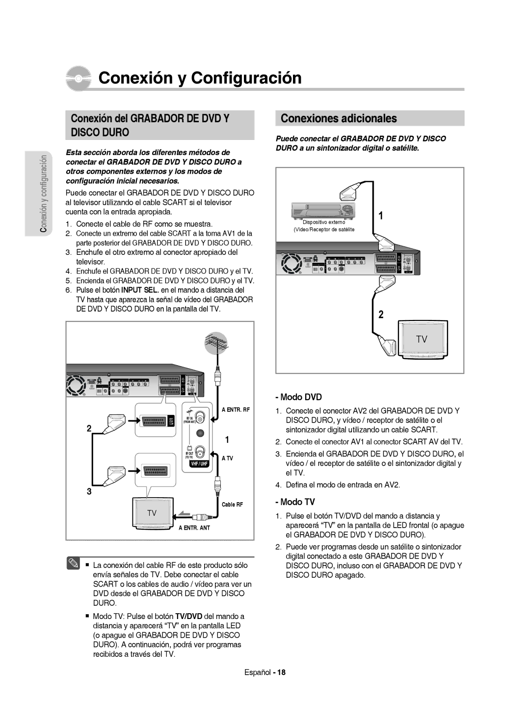 Samsung DVD-HR757/XEC manual Conexión del Grabador DE DVD Y, Conexiones adicionales, Modo DVD, Modo TV 