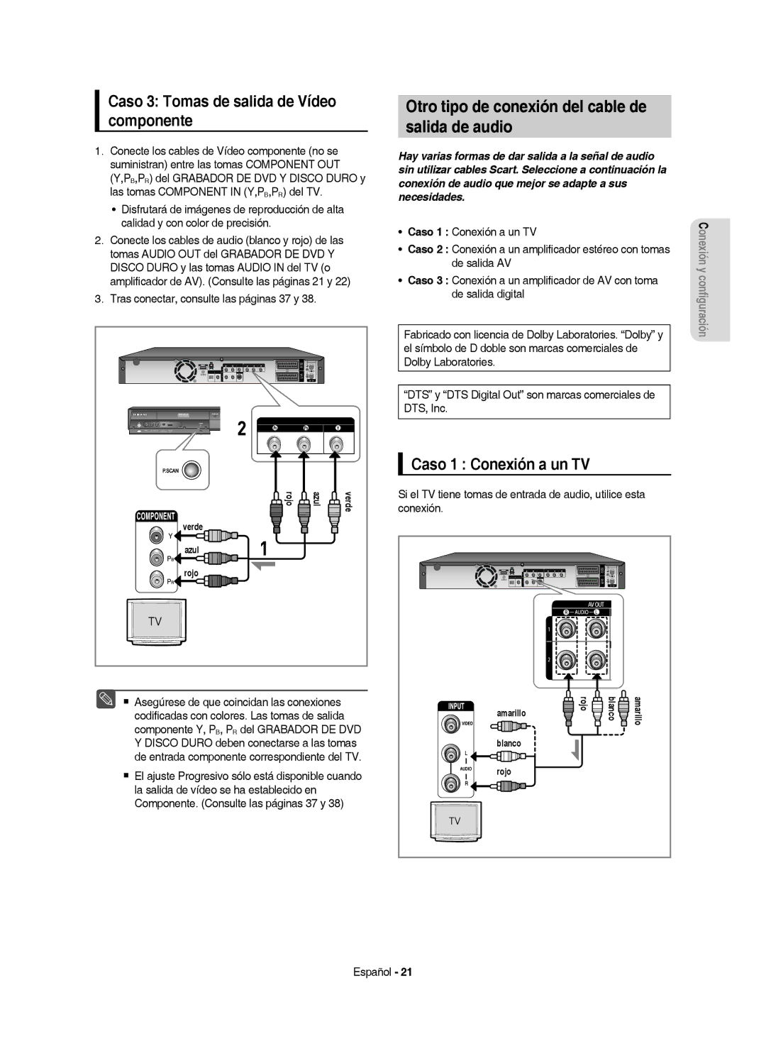 Samsung DVD-HR757/XEC manual Otro tipo de conexión del cable de Salida de audio, Caso 3 Tomas de salida de Vídeo componente 