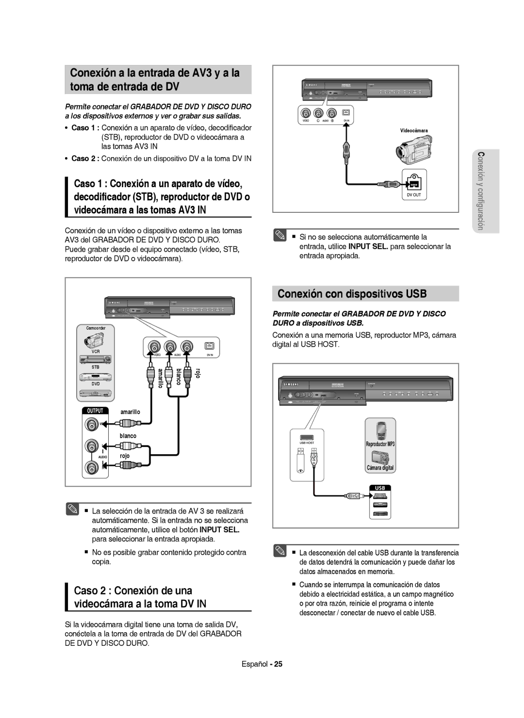 Samsung DVD-HR757/XEC manual Conexión a la entrada de AV3 y a la Toma de entrada de DV, Conexión con dispositivos USB 