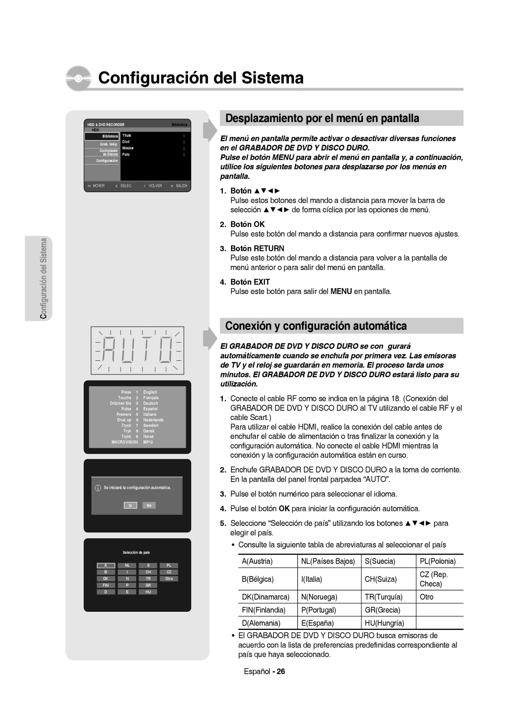 Samsung DVD-HR757/XEC manual Desplazamiento por el menú en pantalla, Conexión y conﬁguración automática, Botón OK 