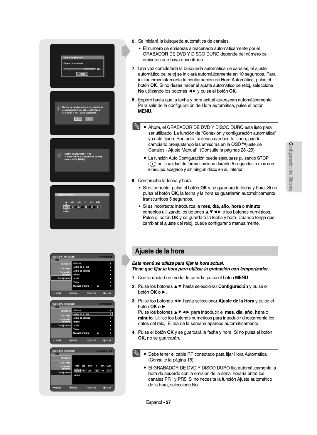 Samsung DVD-HR757/XEC manual Ajuste de la hora 