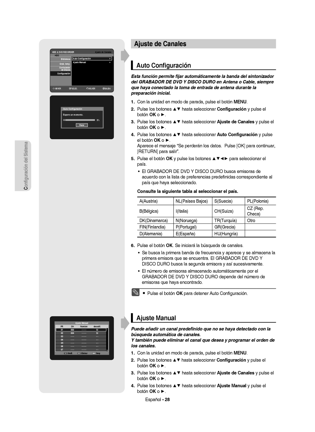 Samsung DVD-HR757/XEC manual Ajuste de Canales, Auto Conﬁguración, Ajuste Manual 