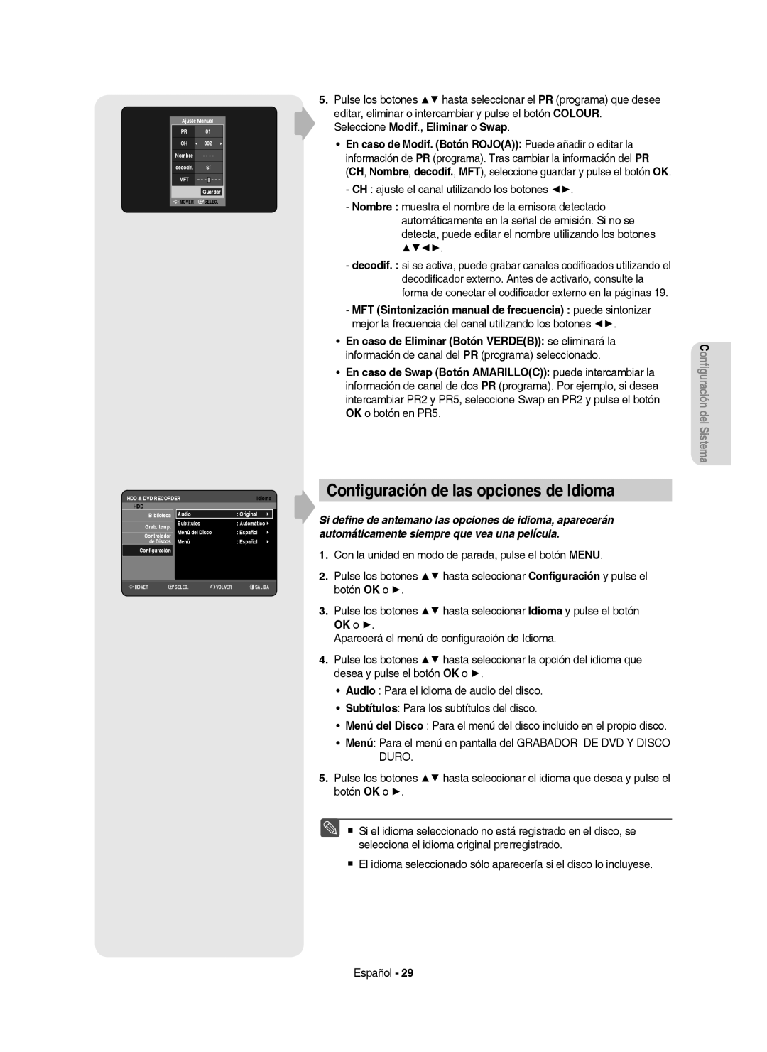 Samsung DVD-HR757/XEC manual Conﬁguración de las opciones de Idioma, Seleccione Modif., Eliminar o Swap 