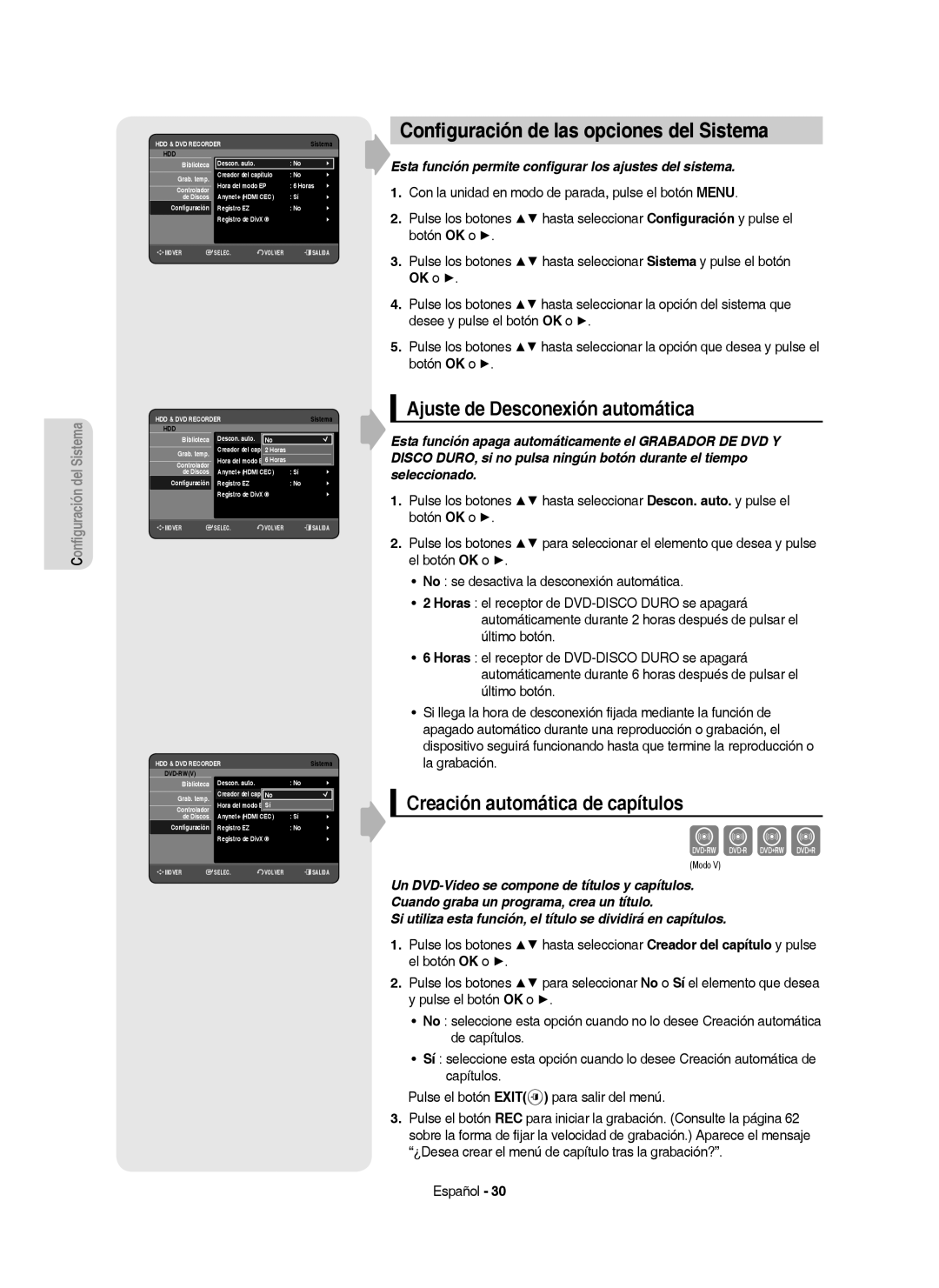 Samsung DVD-HR757/XEC manual Cvkl, Conﬁguración de las opciones del Sistema, Ajuste de Desconexión automática 