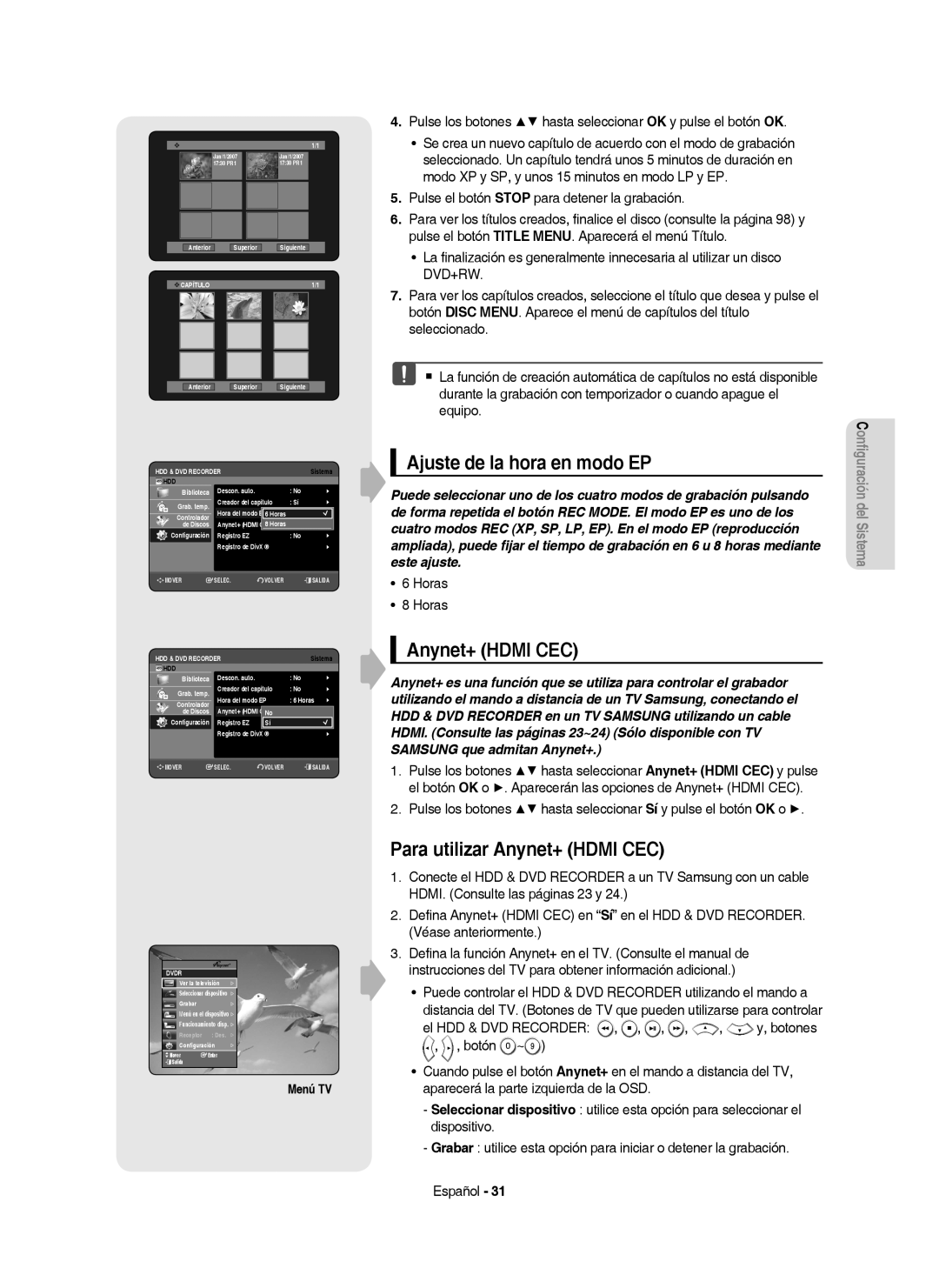 Samsung DVD-HR757/XEC manual Ajuste de la hora en modo EP, Para utilizar Anynet+ Hdmi CEC, Menú TV, Horas 