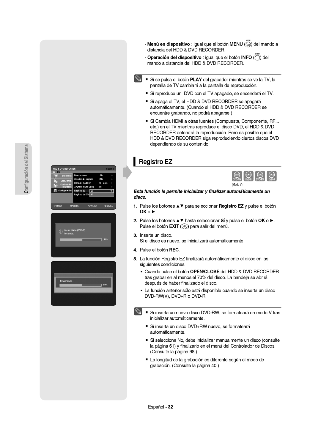 Samsung DVD-HR757/XEC manual Registro EZ, Anynet+ Hdmi CEC, Iniciar disco DVD-V Iniciando, Finalizando 