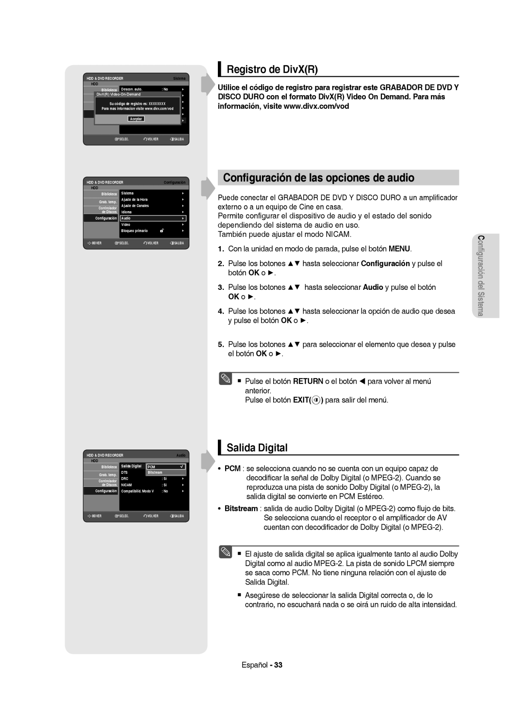 Samsung DVD-HR757/XEC manual Conﬁguración de las opciones de audio, Registro de DivXR, Salida Digital, Biblioteca 