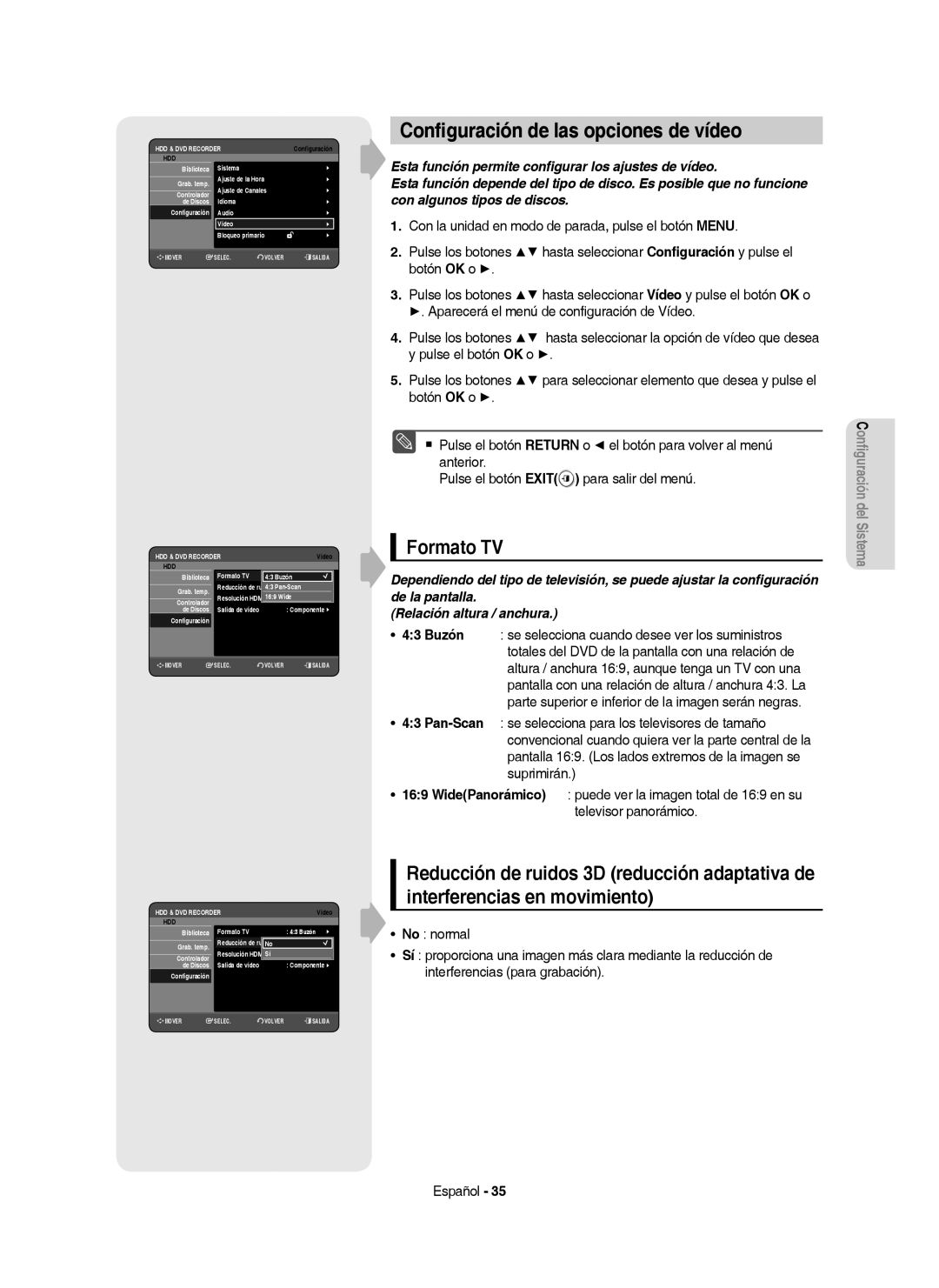 Samsung DVD-HR757/XEC manual Conﬁguración de las opciones de vídeo, Formato TV, Componente, 576P Controlador 