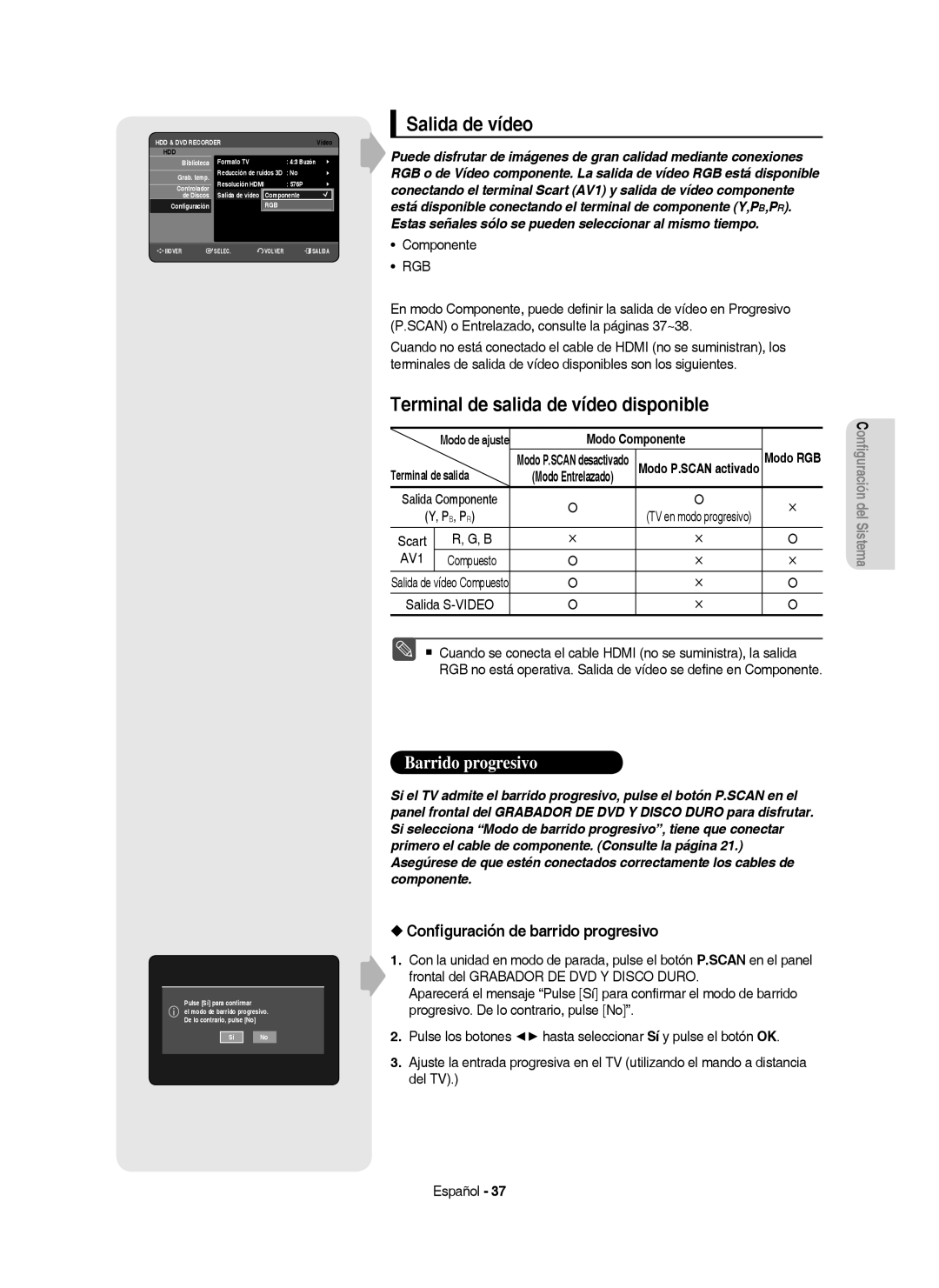 Samsung DVD-HR757/XEC manual Salida de vídeo, Terminal de salida de vídeo disponible, Conﬁguración de barrido progresivo 