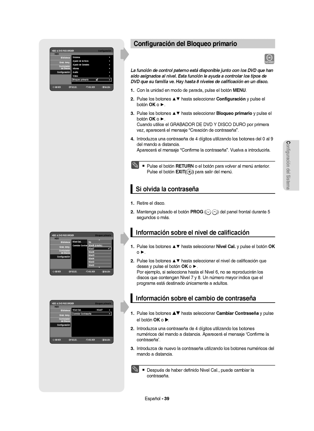 Samsung DVD-HR757/XEC manual Conﬁguración del Bloqueo primario, Si olvida la contraseña 