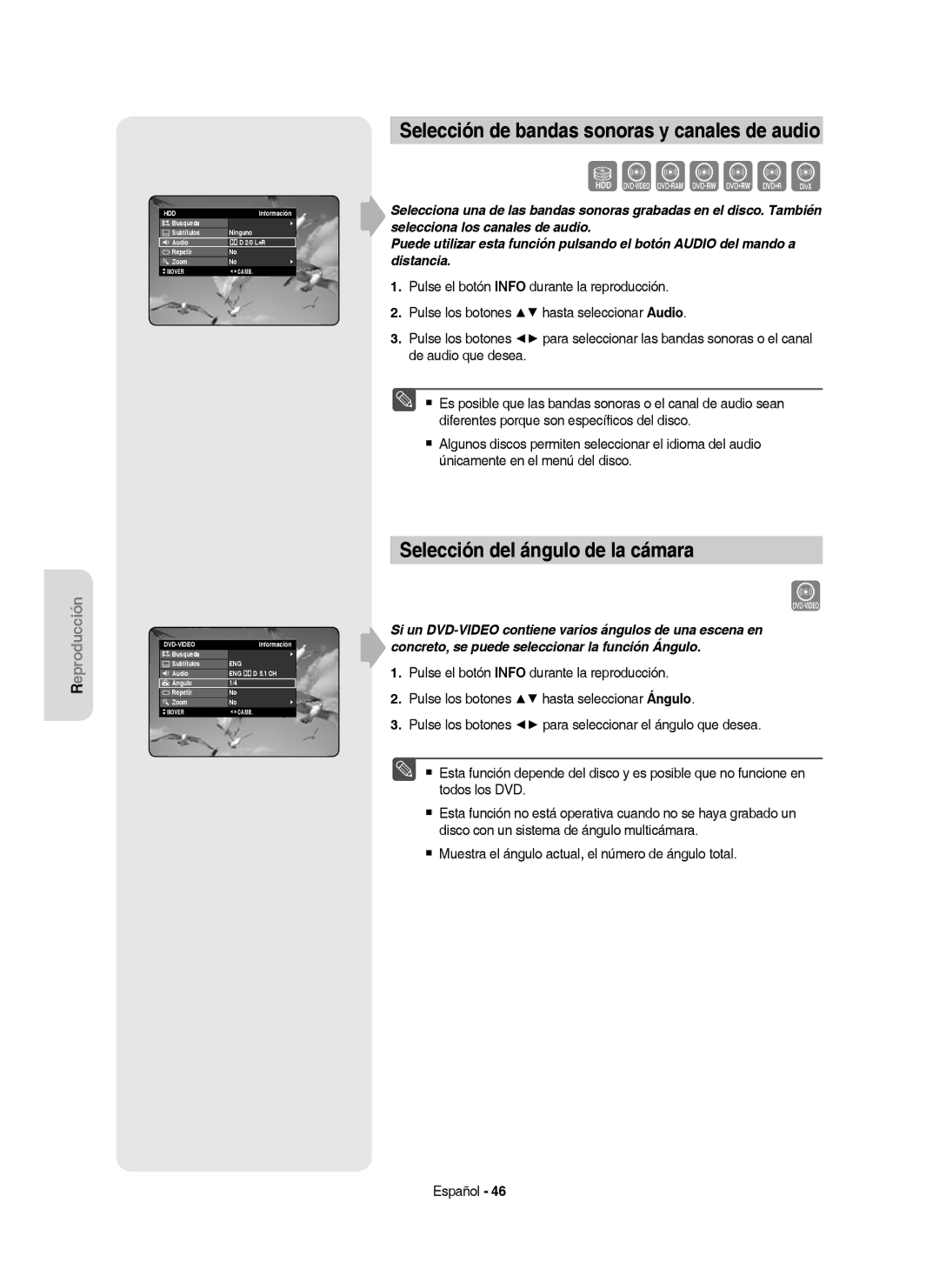 Samsung DVD-HR757/XEC manual Szxckld, Selección de bandas sonoras y canales de audio, Selección del ángulo de la cámara 