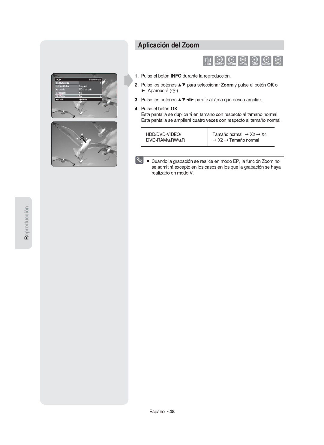 Samsung DVD-HR757/XEC manual Aplicación del Zoom, Hdd/Dvd-Video, Tamaño normal X2, X2 Tamaño normal 