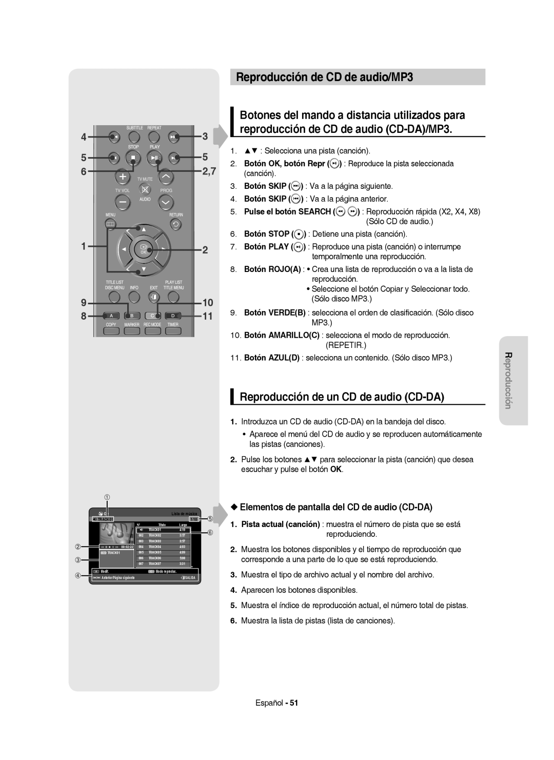 Samsung DVD-HR757/XEC manual Reproducción de CD de audio/MP3, Reproducción de un CD de audio CD-DA, Repetir 