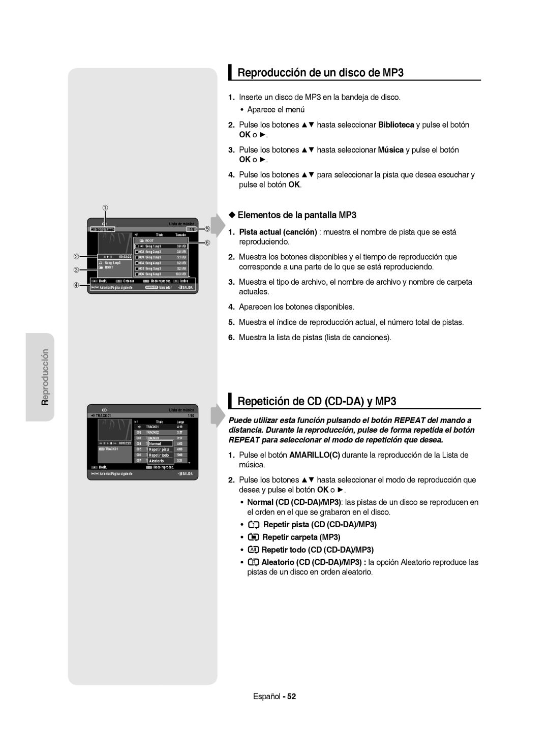 Samsung DVD-HR757/XEC manual Reproducción de un disco de MP3, Repetición de CD CD-DA y MP3, Elementos de la pantalla MP3 