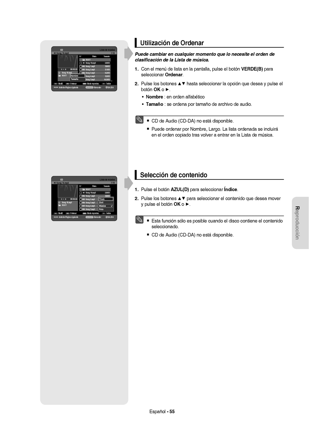 Samsung DVD-HR757/XEC manual Utilización de Ordenar, Selección de contenido, Tamaño 