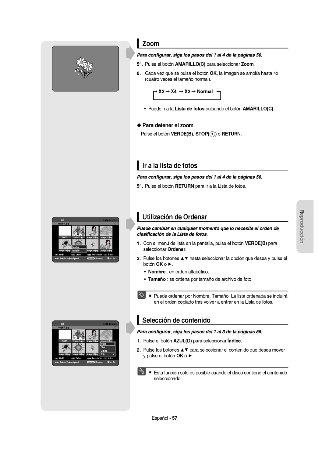 Samsung DVD-HR757/XEC manual Zoom, Ir a la lista de fotos, Para detener el zoom, X2 X4 X2 Normal 