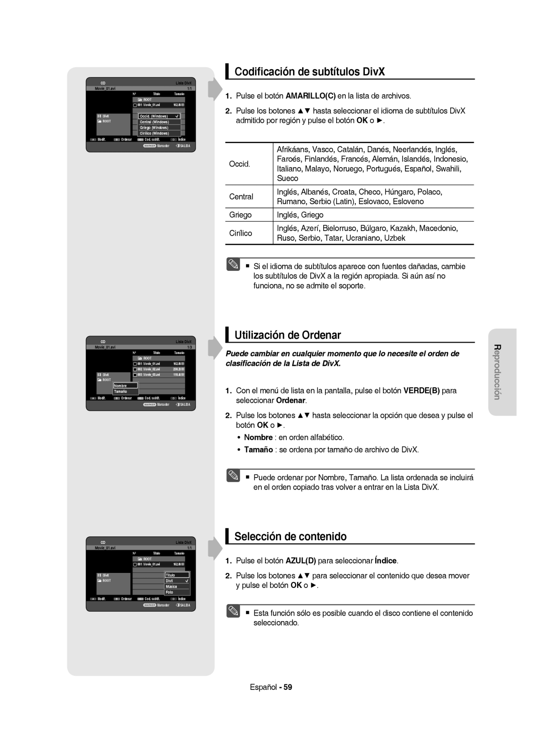 Samsung DVD-HR757/XEC manual Codiﬁcación de subtítulos DivX, Griego Windows, DivX Música 