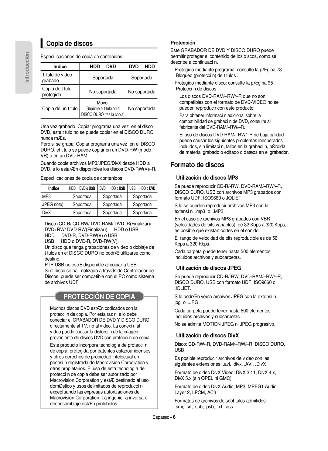 Samsung DVD-HR757/XEC manual Copia de discos, Formato de discos, Utilización de discos MP3, Utilización de discos Jpeg 