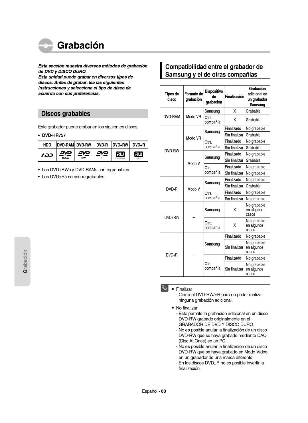 Samsung DVD-HR757/XEC manual Discos grabables, Hdd Dvd-Ram Dvd-Rw Dvd-R Dvd+Rw Dvd+R 