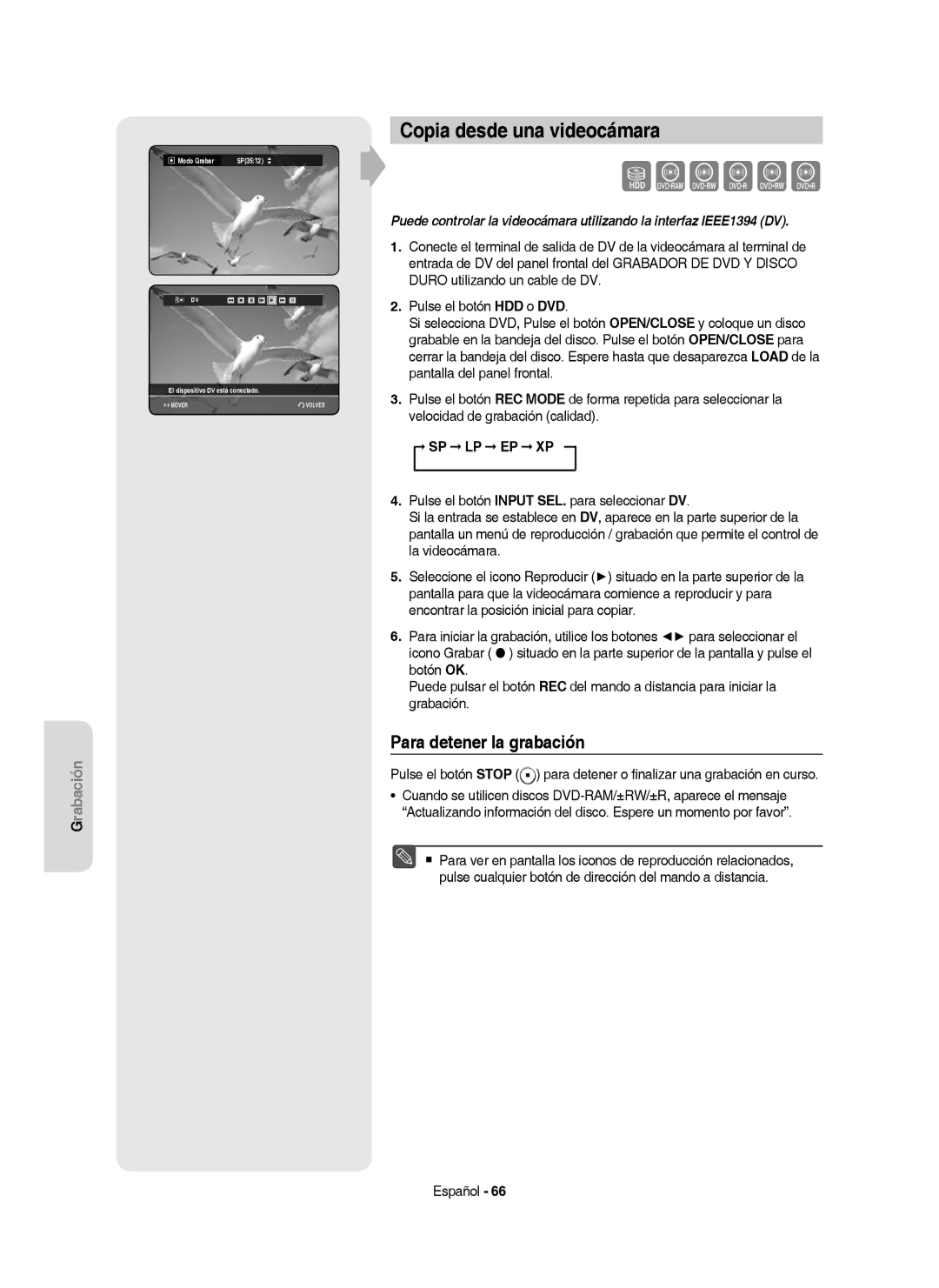 Samsung DVD-HR757/XEC manual Copia desde una videocámara, El dispositivo DV está conectado 