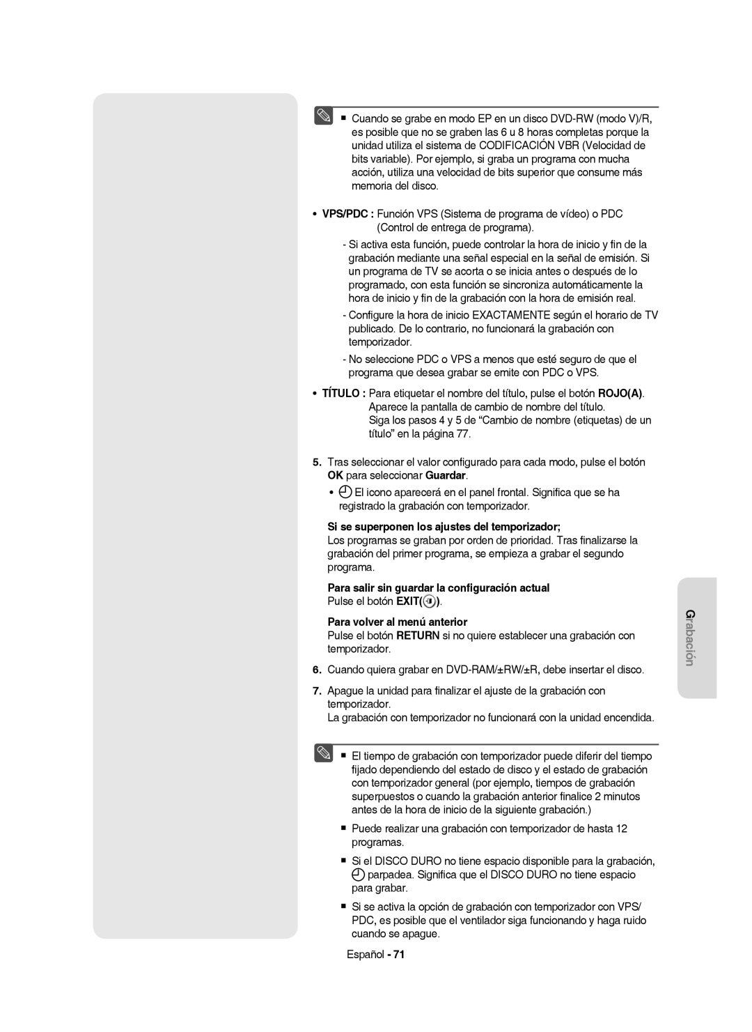 Samsung DVD-HR757/XEC manual Si se superponen los ajustes del temporizador, Para salir sin guardar la conﬁguración actual 