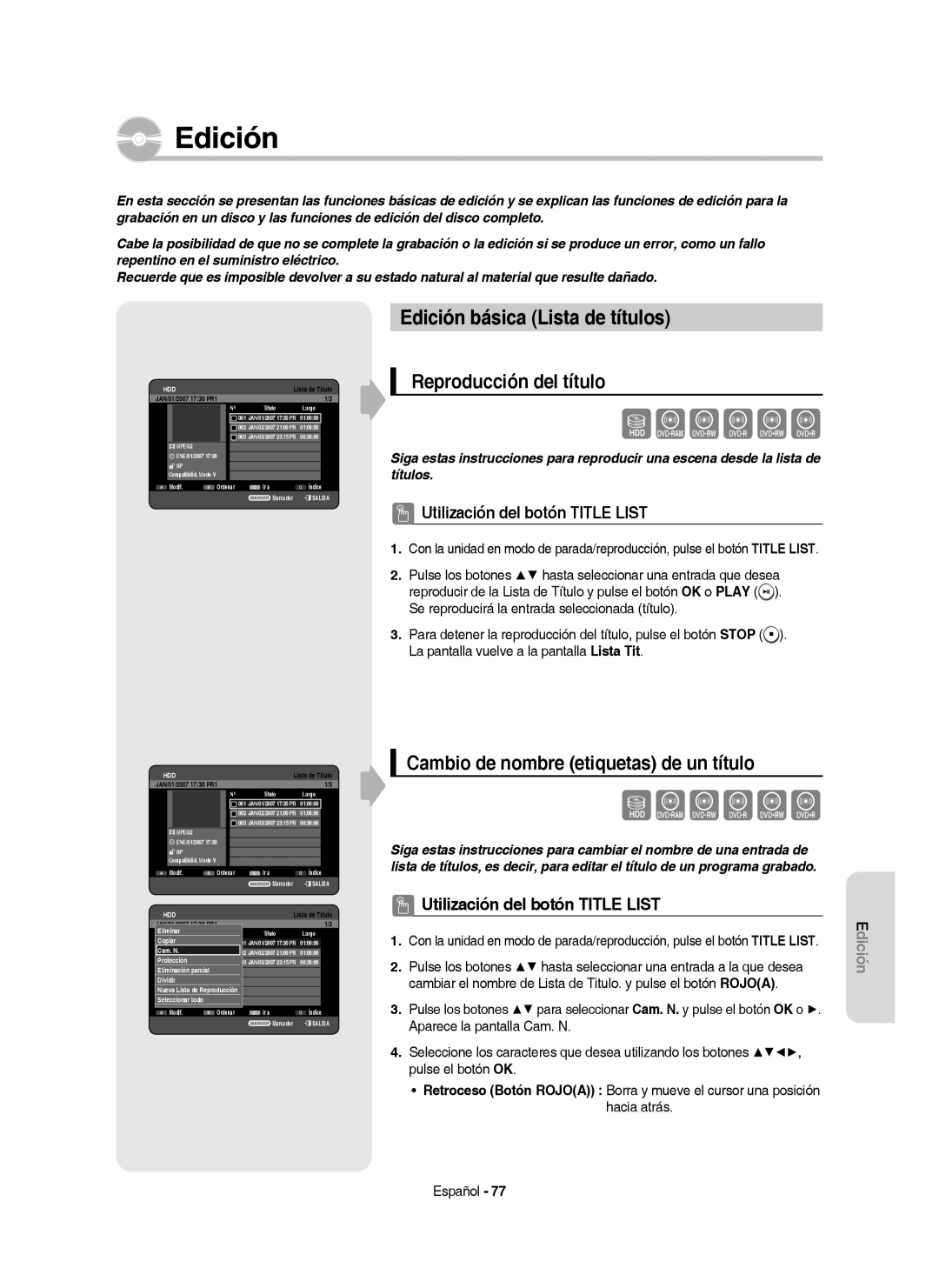 Samsung DVD-HR757/XEC Edición básica Lista de títulos, Reproducción del título, Cambio de nombre etiquetas de un título 