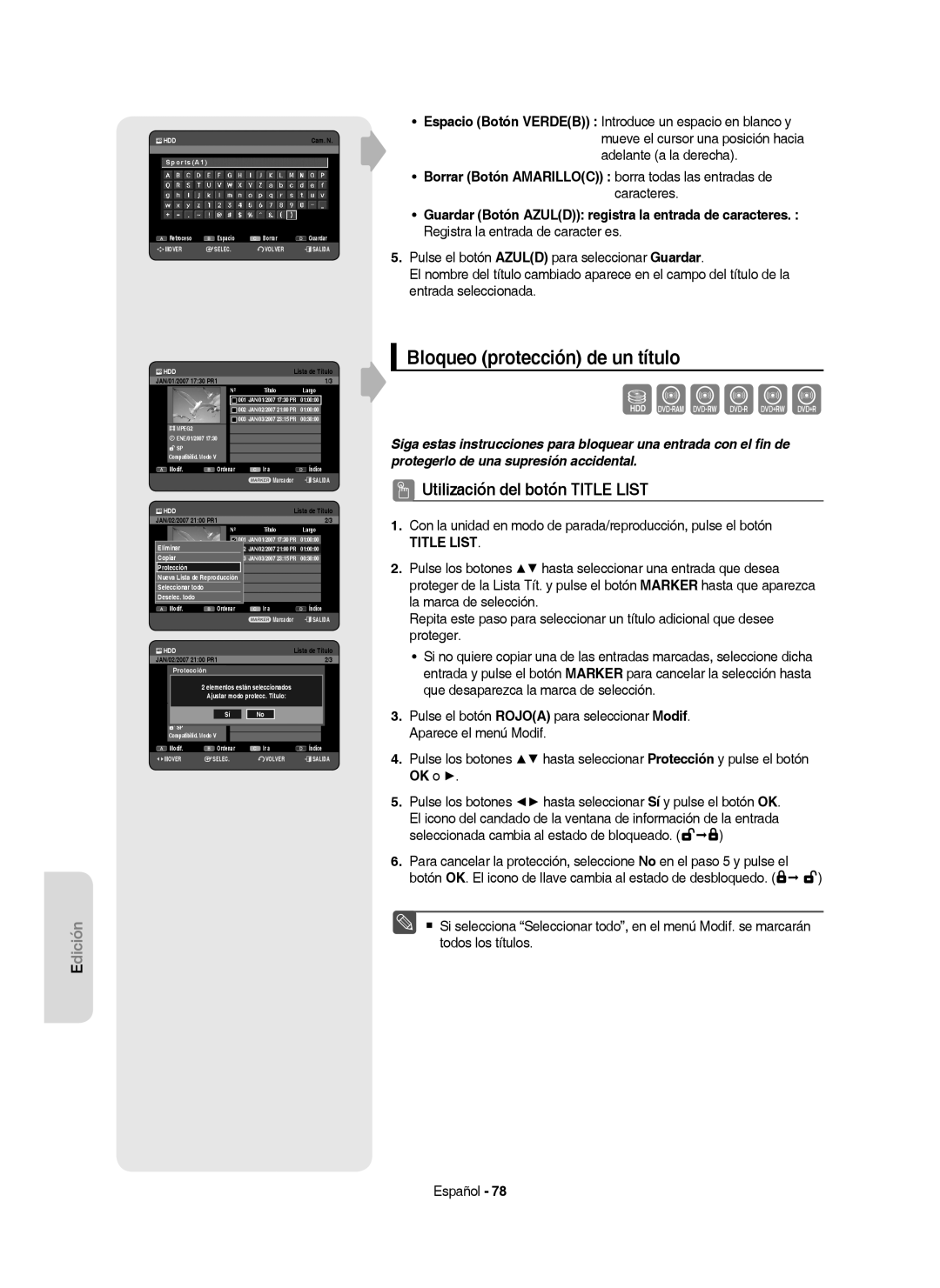 Samsung DVD-HR757/XEC manual Bloqueo protección de un título, Title List 