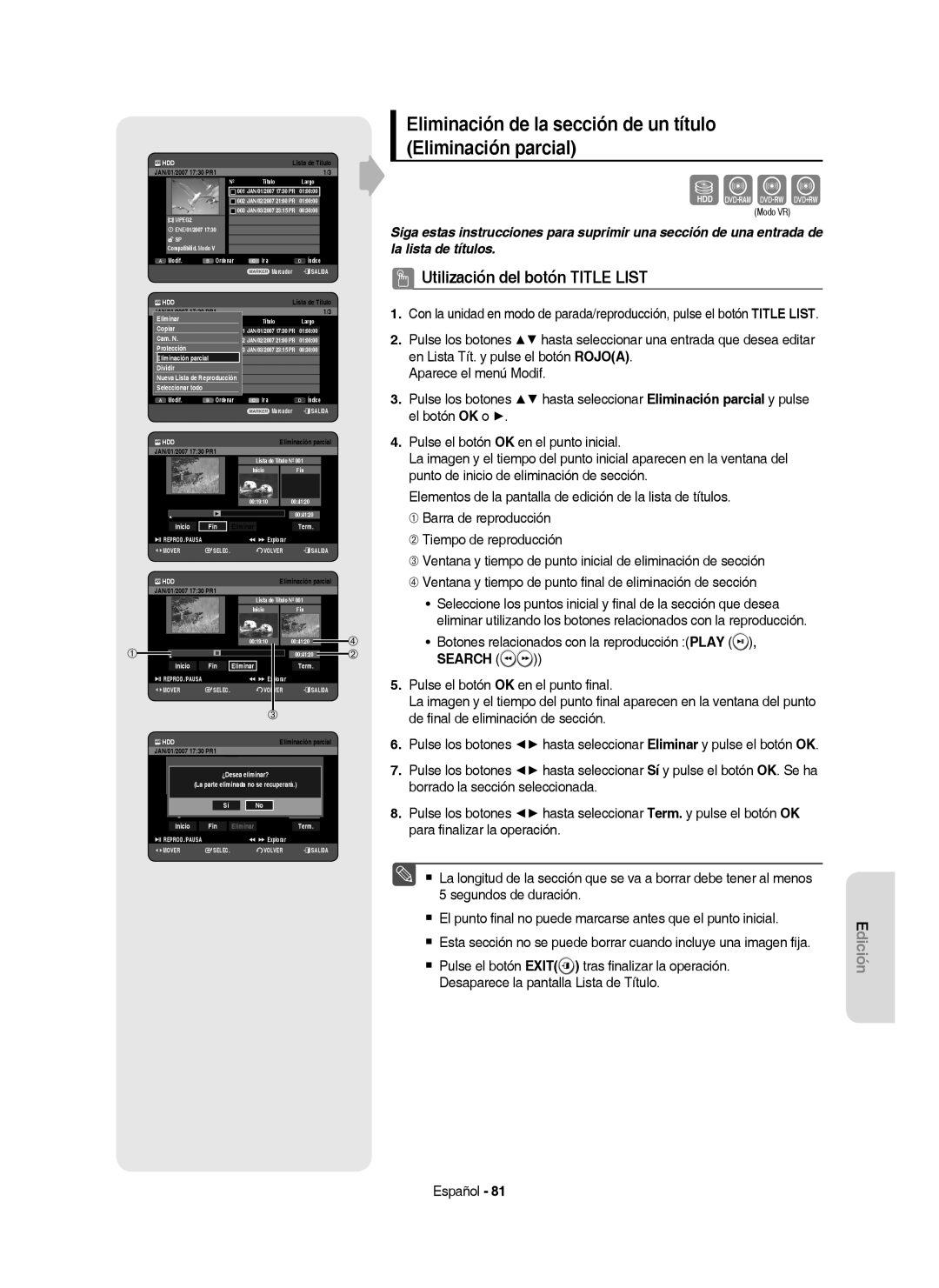 Samsung DVD-HR757/XEC manual Sxck, Eliminación de la sección de un título Eliminación parcial, Search 