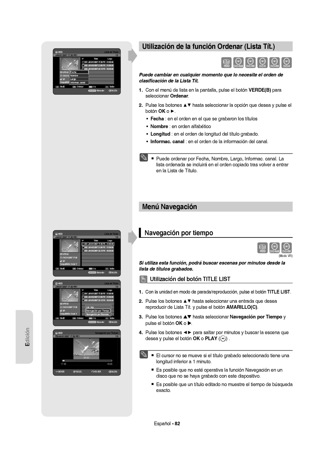 Samsung DVD-HR757/XEC Utilización de la función Ordenar Lista Tít, Menú Navegación, Navegación por tiempo, Fecha, Largo 