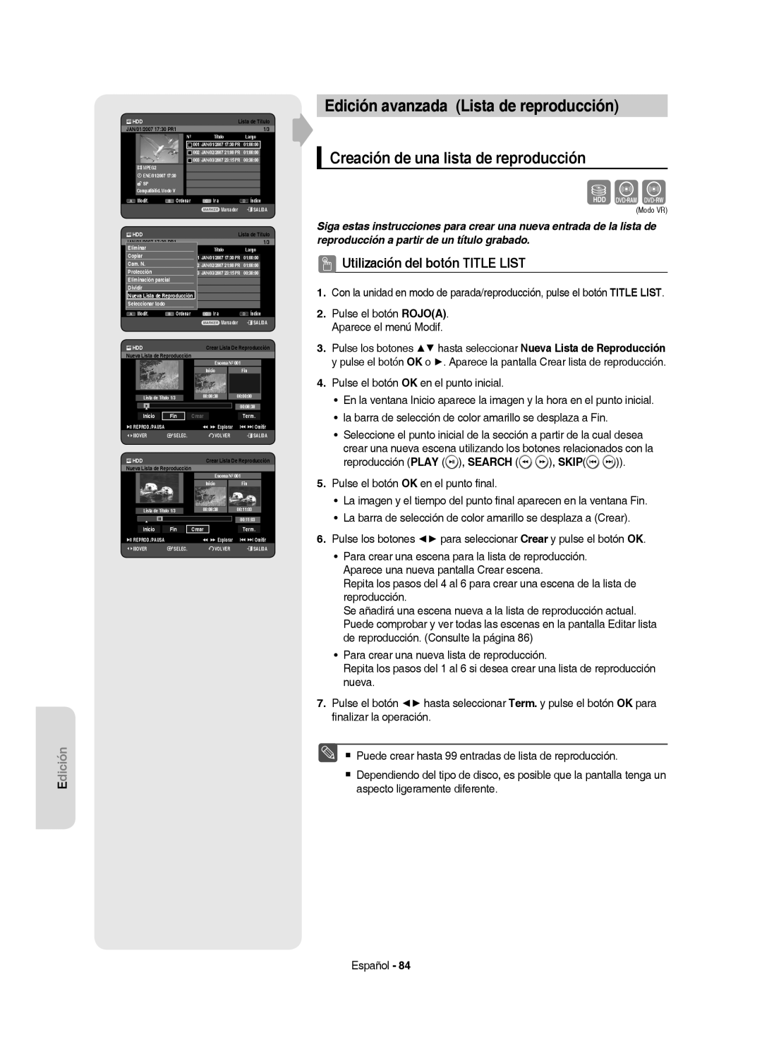 Samsung DVD-HR757/XEC Edición avanzada Lista de reproducción, Creación de una lista de reproducción, Inicio Fin Crear Term 