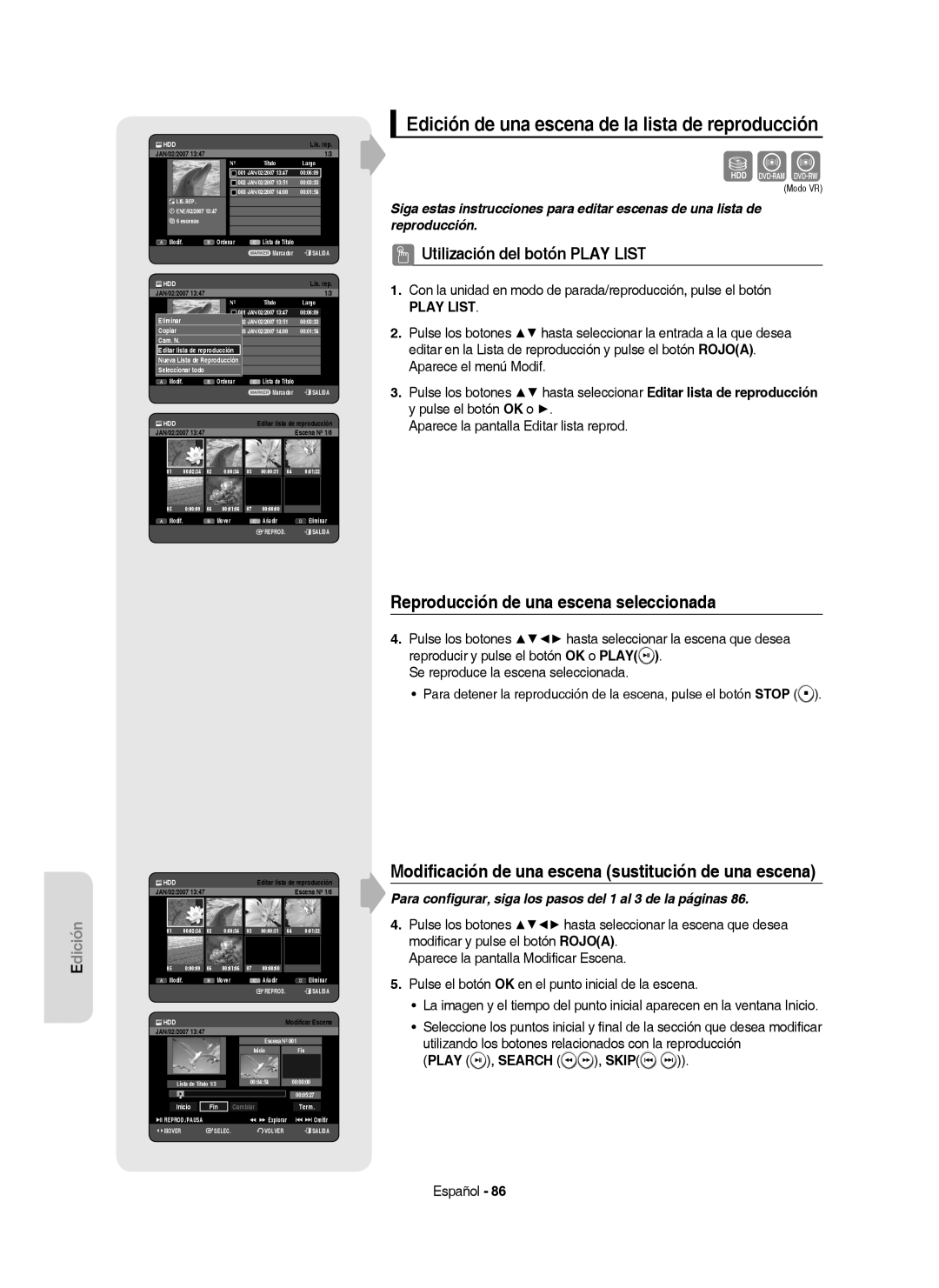 Samsung DVD-HR757/XEC manual Edición de una escena de la lista de reproducción, Reproducción de una escena seleccionada 