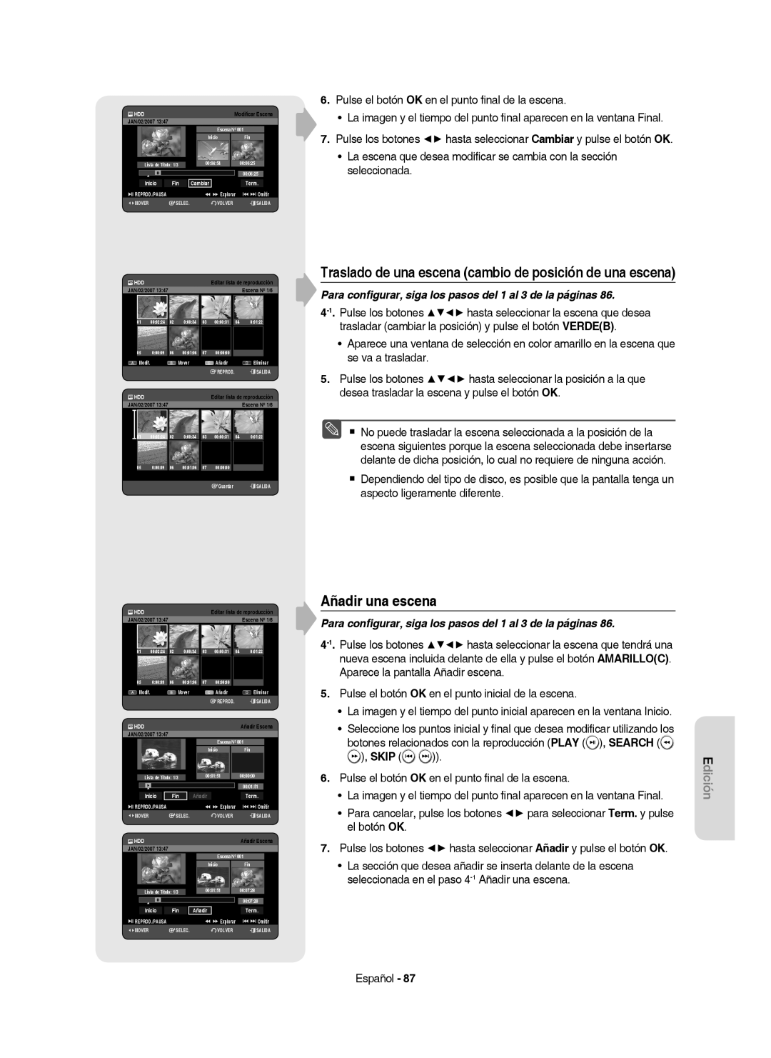 Samsung DVD-HR757/XEC manual Añadir una escena, Traslado de una escena cambio de posición de una escena 