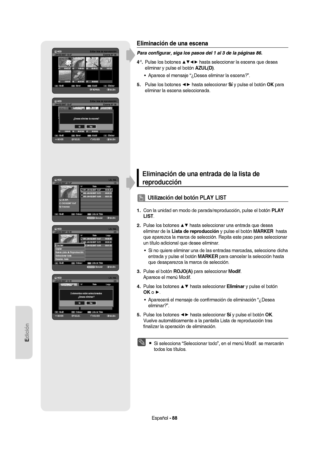 Samsung DVD-HR757/XEC manual Eliminación de una entrada de la lista de reproducción, Eliminación de una escena 