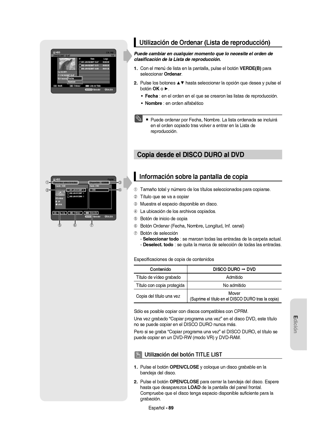 Samsung DVD-HR757/XEC manual Copia desde el Disco Duro al DVD, Utilización de Ordenar Lista de reproducción, Contenido 