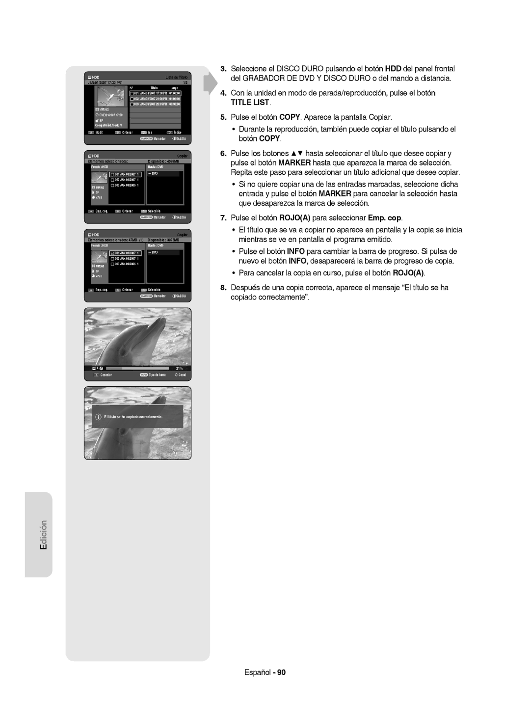 Samsung DVD-HR757/XEC manual 21%, El título se ha copiado correctamente 