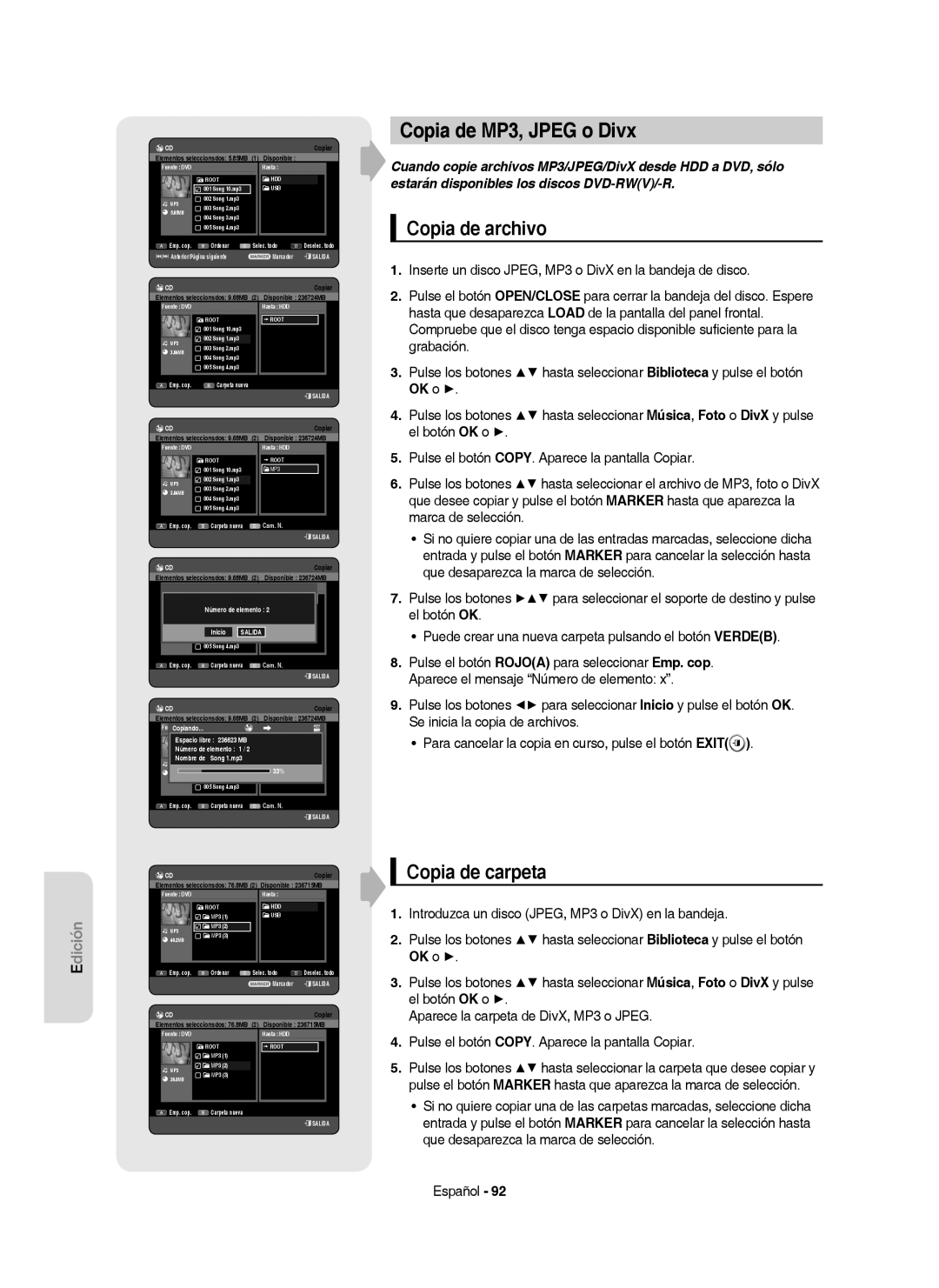 Samsung DVD-HR757/XEC manual Copia de MP3, Jpeg o Divx, Copia de archivo, Copia de carpeta 