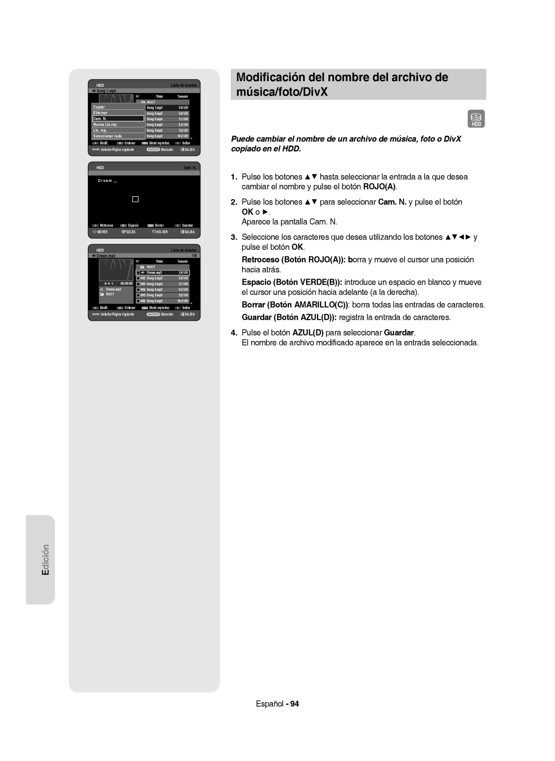 Samsung DVD-HR757/XEC manual Modiﬁcación del nombre del archivo de Música/foto/DivX, Song 1.mp3, Cam . N .  , Dream 