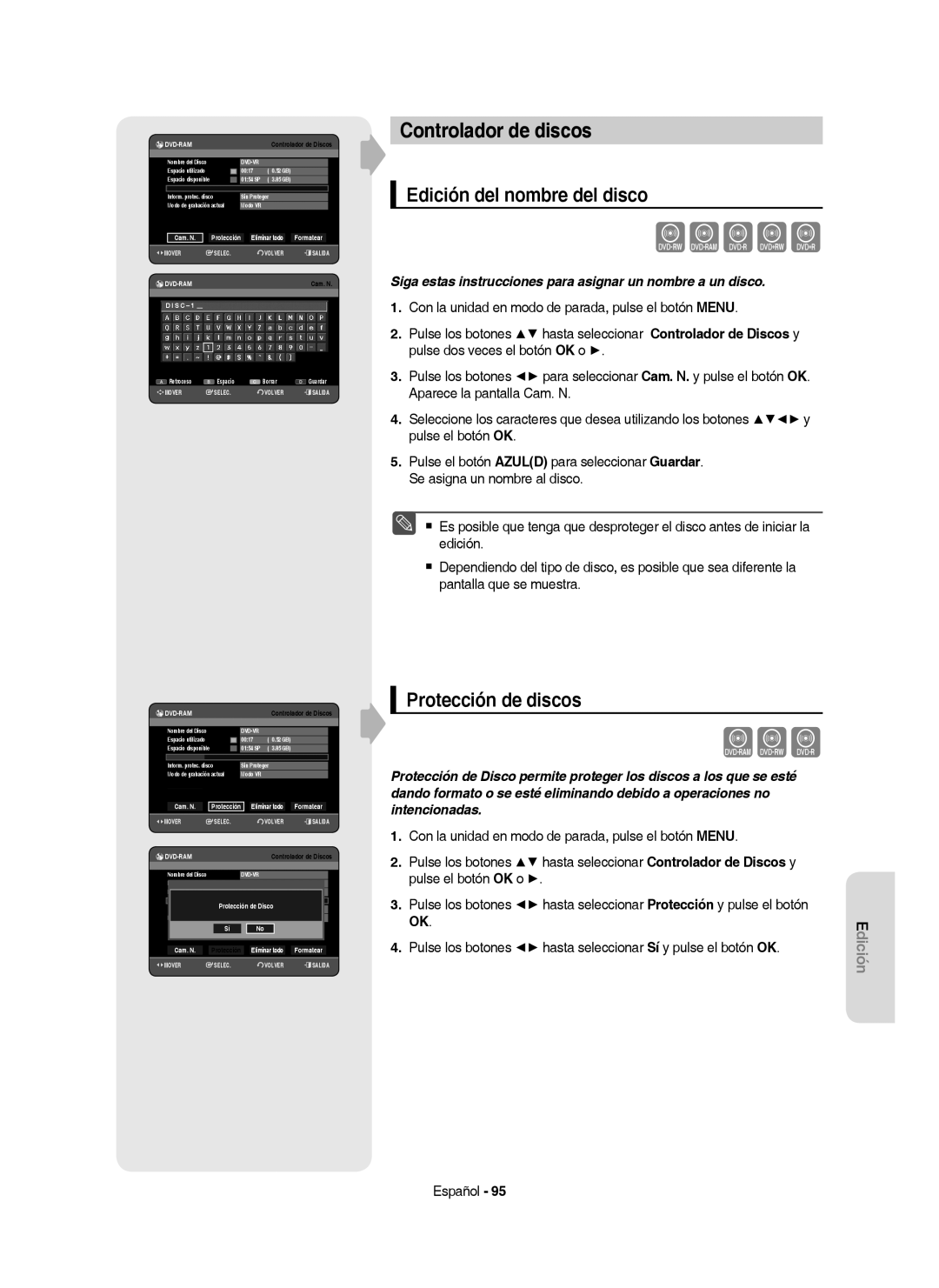 Samsung DVD-HR757/XEC manual Cxvkl, Xcv, Controlador de discos, Edición del nombre del disco, Protección de discos 