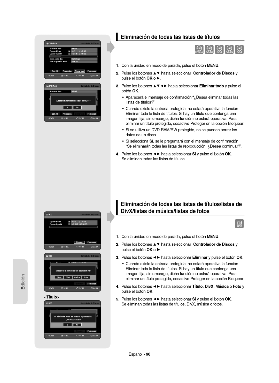 Samsung DVD-HR757/XEC manual Xcvkl, Eliminación de todas las listas de títulos, Título, Eliminar Formatear 