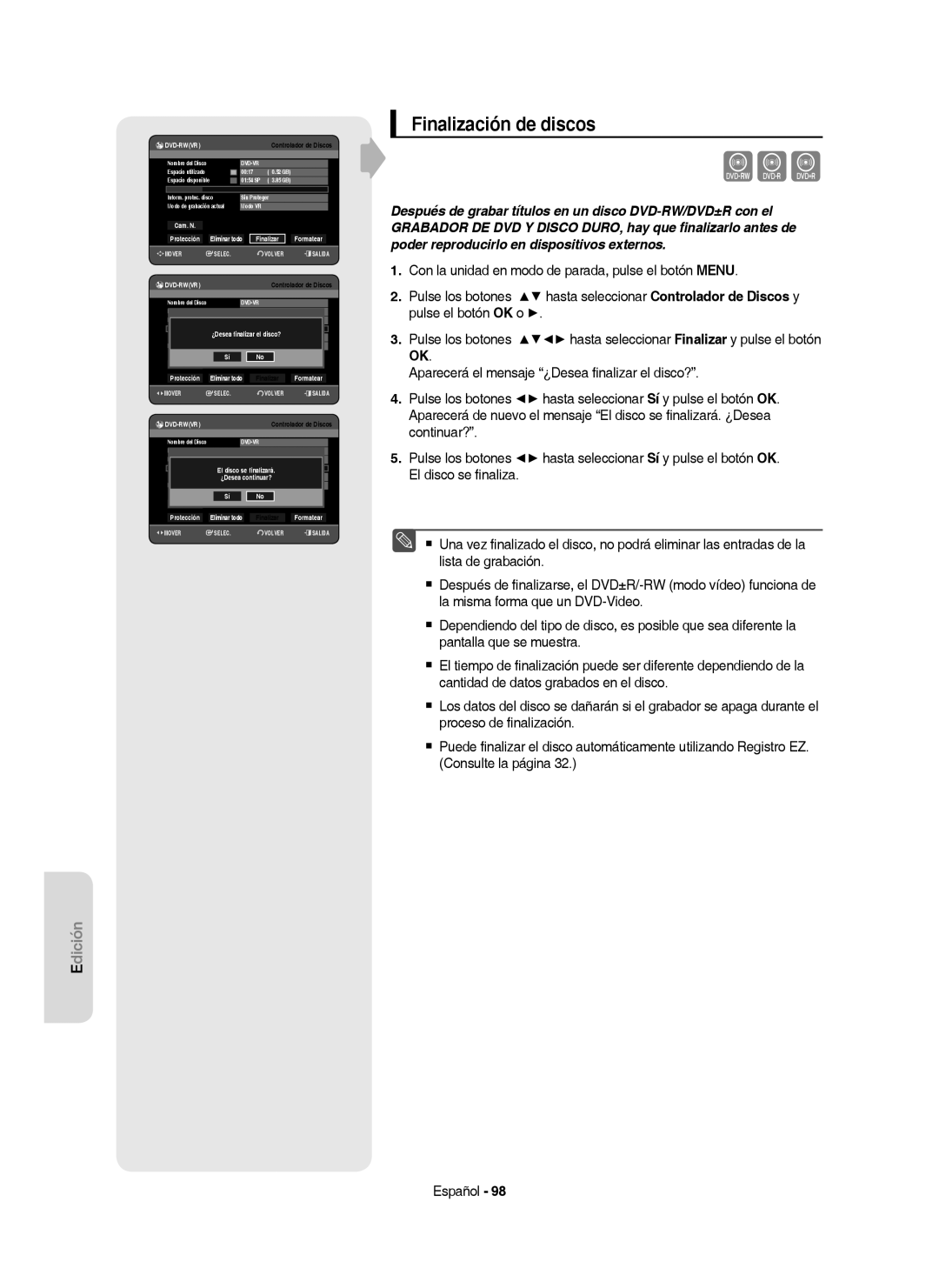 Samsung DVD-HR757/XEC manual Cvl, Finalización de discos, Finalizar Formatear 