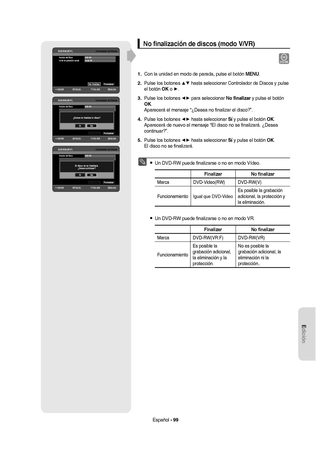 Samsung DVD-HR757/XEC manual No ﬁnalización de discos modo V/VR, Finalizar No ﬁnalizar, Dvd-Rwvrf 