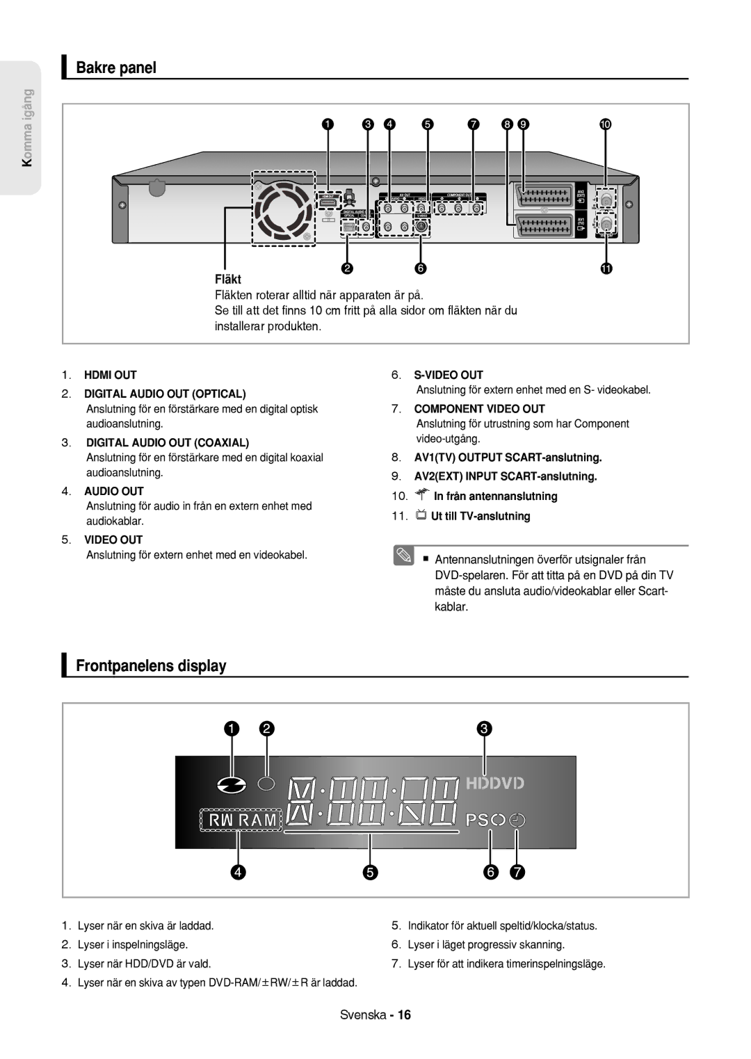 Samsung DVD-HR757/XEE manual Bakre panel, Frontpanelens display 