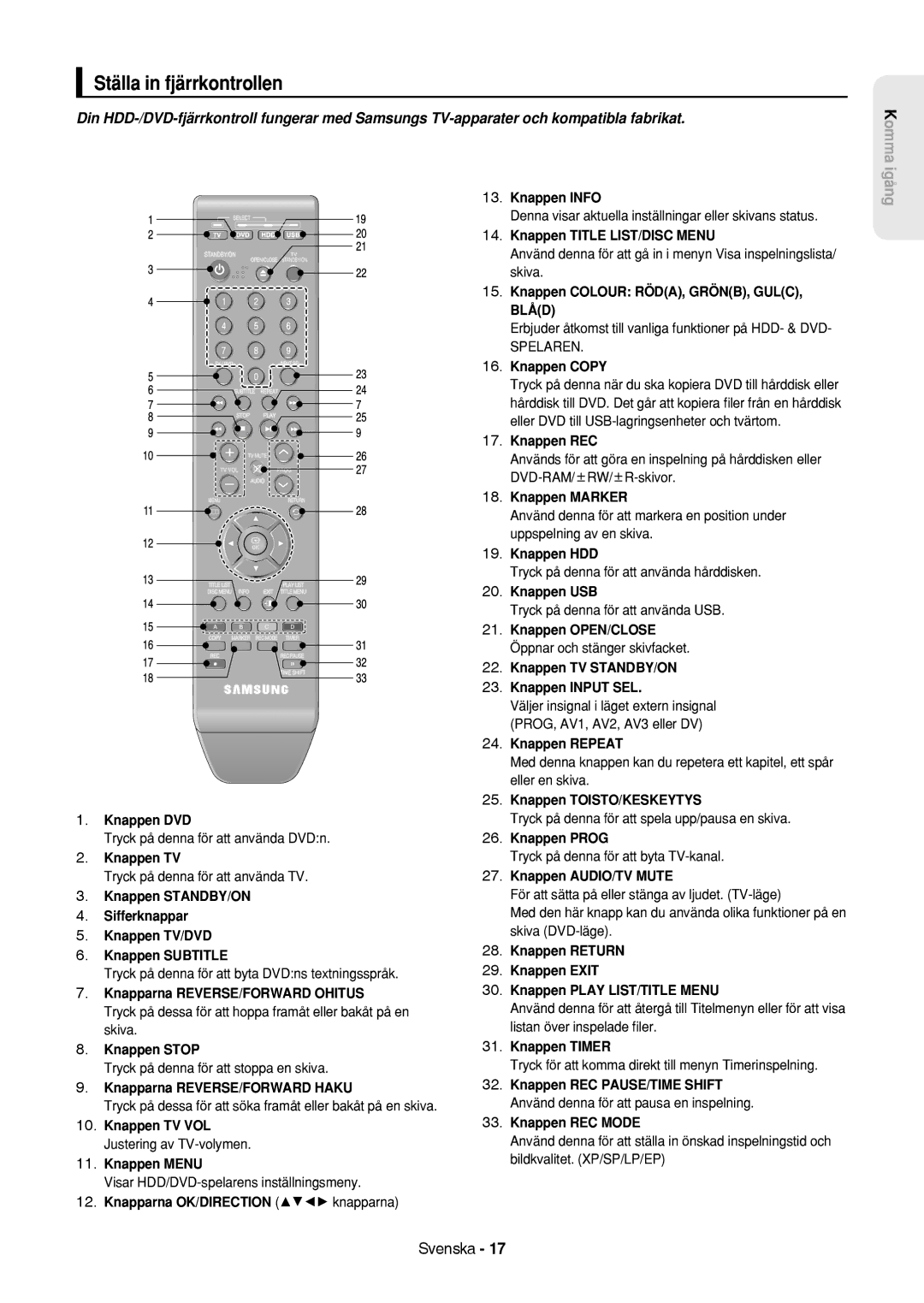 Samsung DVD-HR757/XEE manual Ställa in fjärrkontrollen 