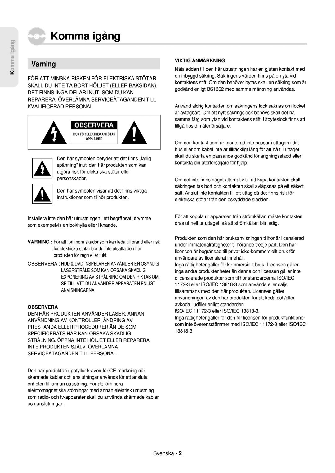 Samsung DVD-HR757/XEE manual Varning, Svenska 