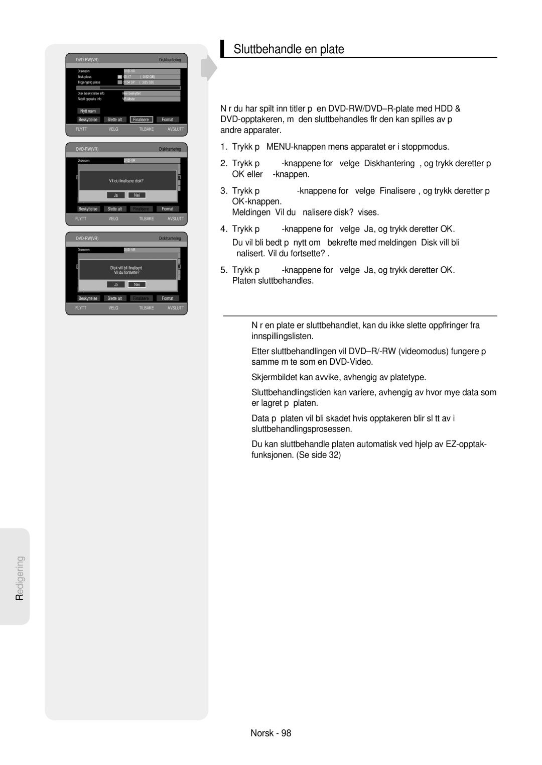 Samsung DVD-HR757/XEE manual Sluttbehandle en plate, Finalisere Format 