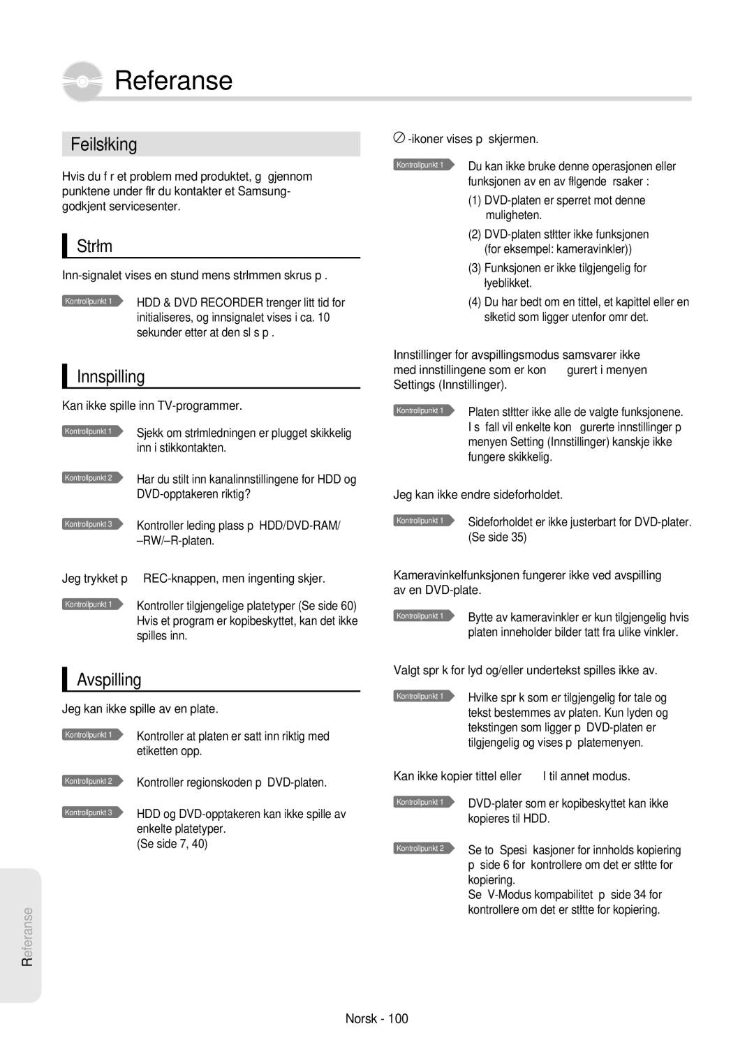 Samsung DVD-HR757/XEE manual Referanse, Feilsøking, Strøm, Innspilling, Avspilling 