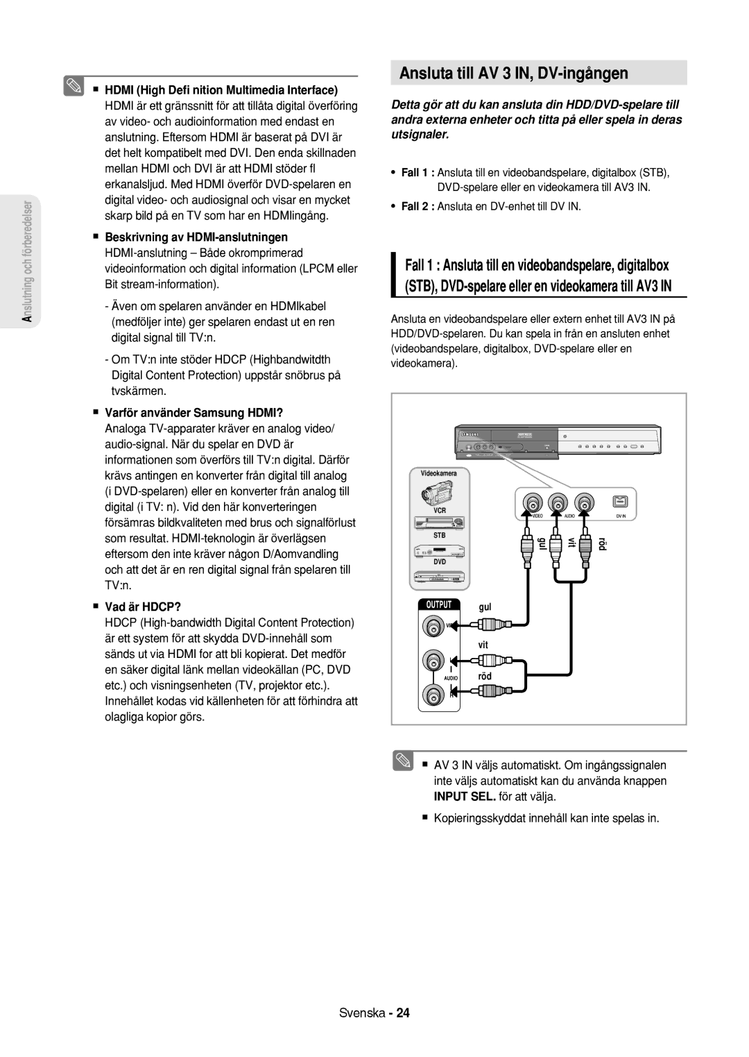 Samsung DVD-HR757/XEE manual Ansluta till AV 3 IN, DV-ingången,  Varför använder Samsung HDMI? 