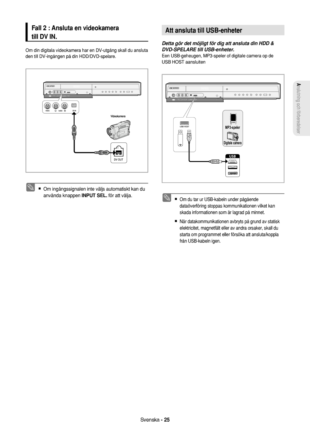 Samsung DVD-HR757/XEE manual Att ansluta till USB-enheter, Fall 2 Ansluta en videokamera till DV 