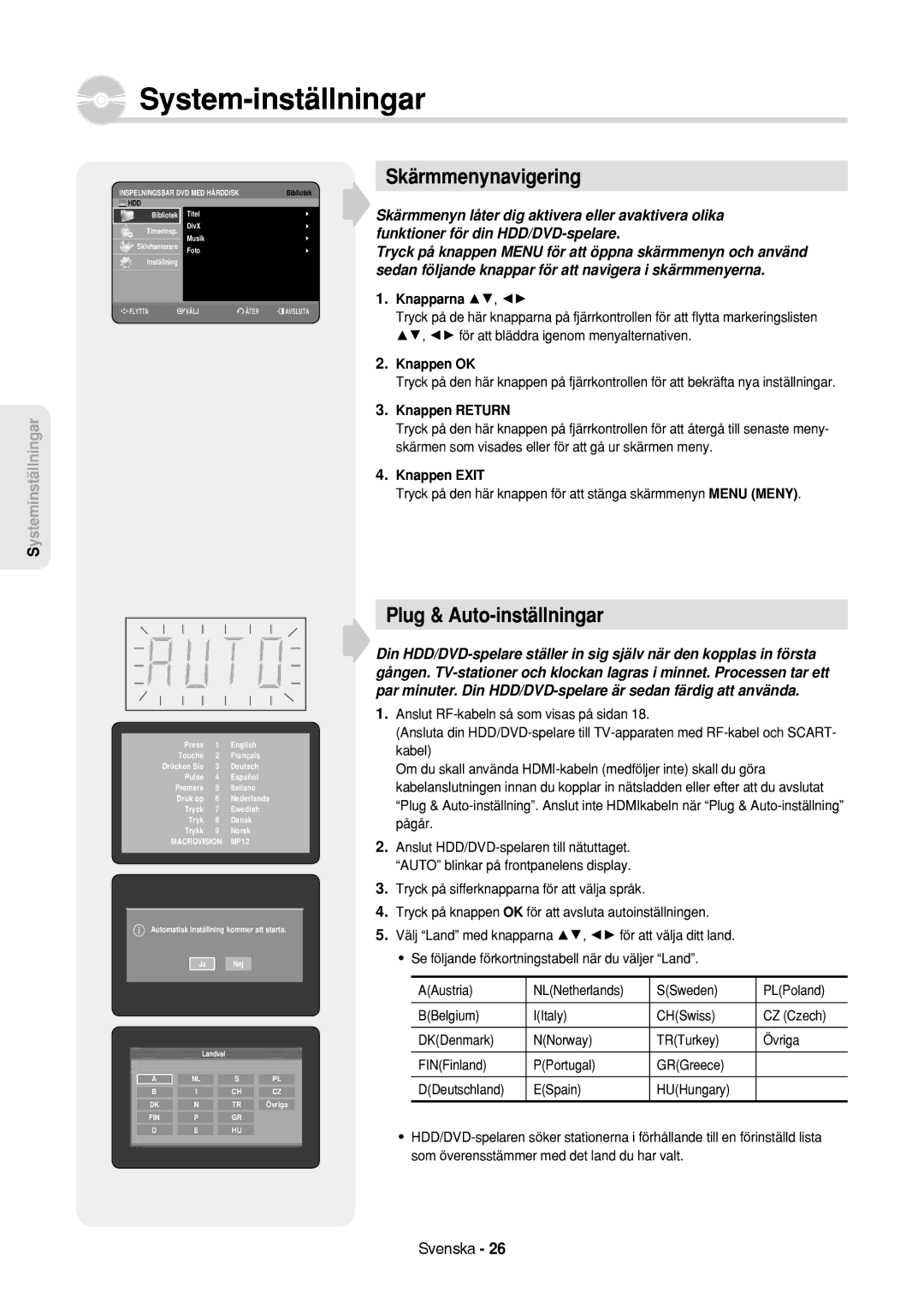 Samsung DVD-HR757/XEE manual Skärmmenynavigering, Plug & Auto-inställningar, Knapparna, Knappen OK, Knappen Return 